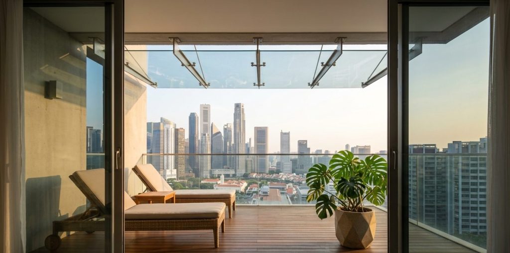 Glass awning over a Singapore condo balcony with city skyline view and teak decking