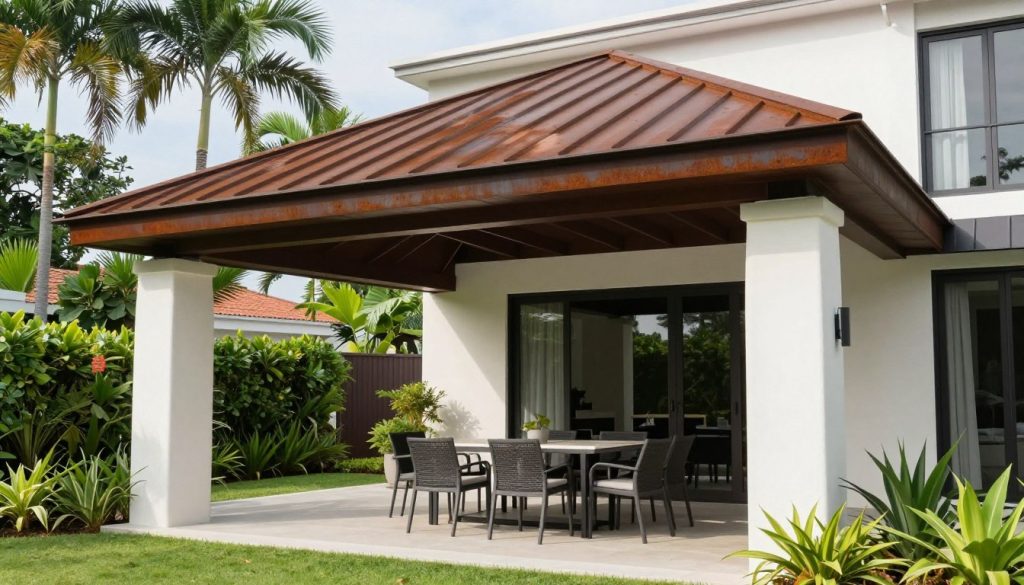 Durable metal awning over a Singapore landed home patio - aluminium standing seam