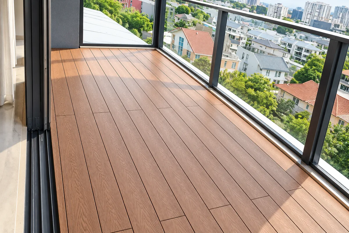 Illustration of timber-look WPC balcony decking with glass railings in a Singapore residential setting
