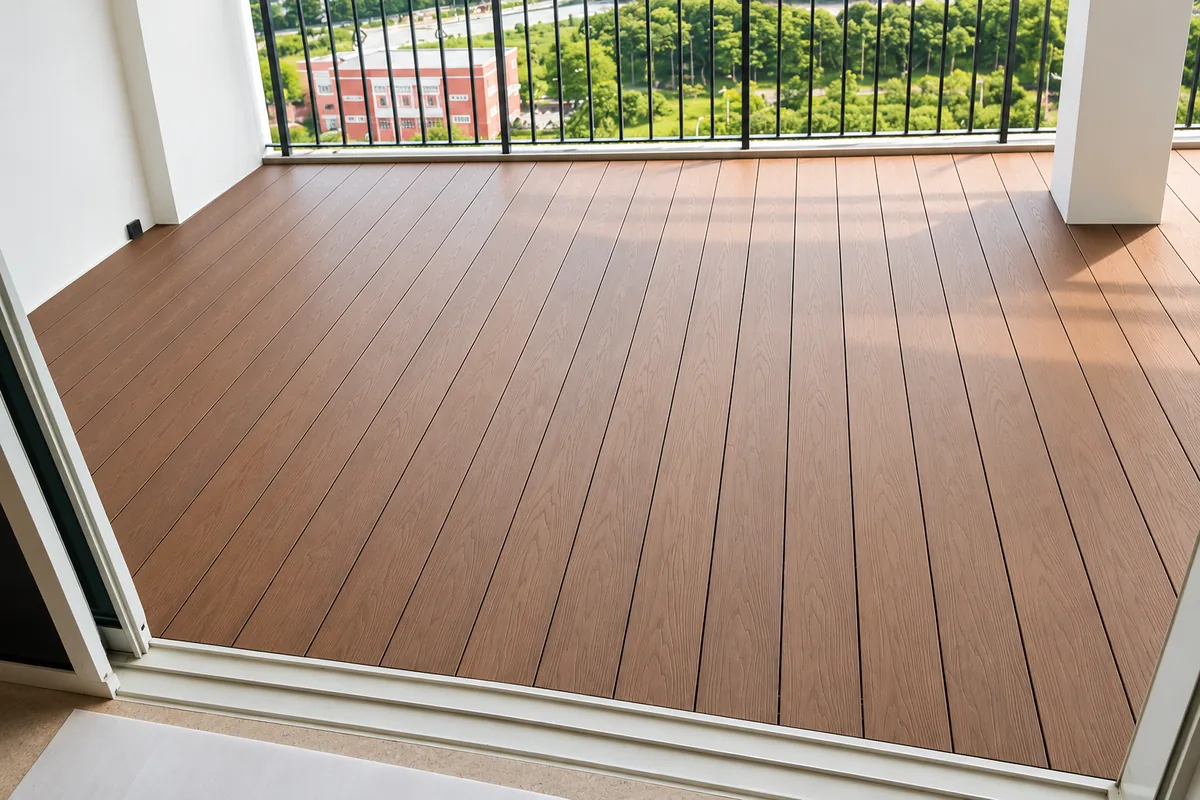 Completed timber-look balcony decking with wood-grain boards and metal railings