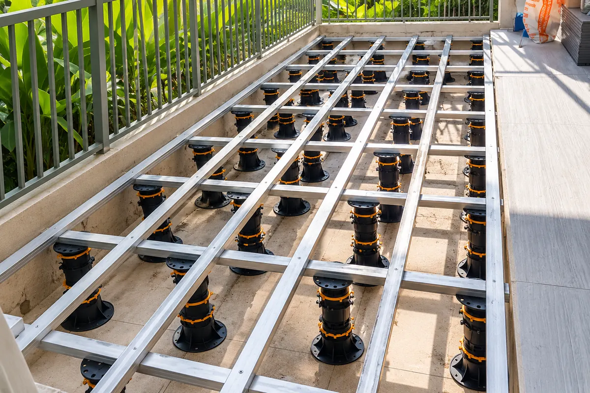 Illustration of metal decking support framework installed on adjustable pedestals