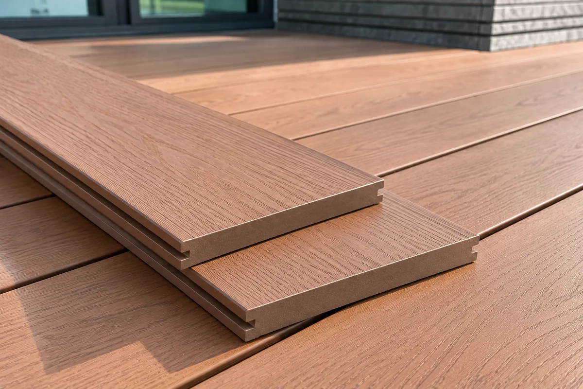 Close-up illustration of timber-look composite decking boards with wood-grain texture