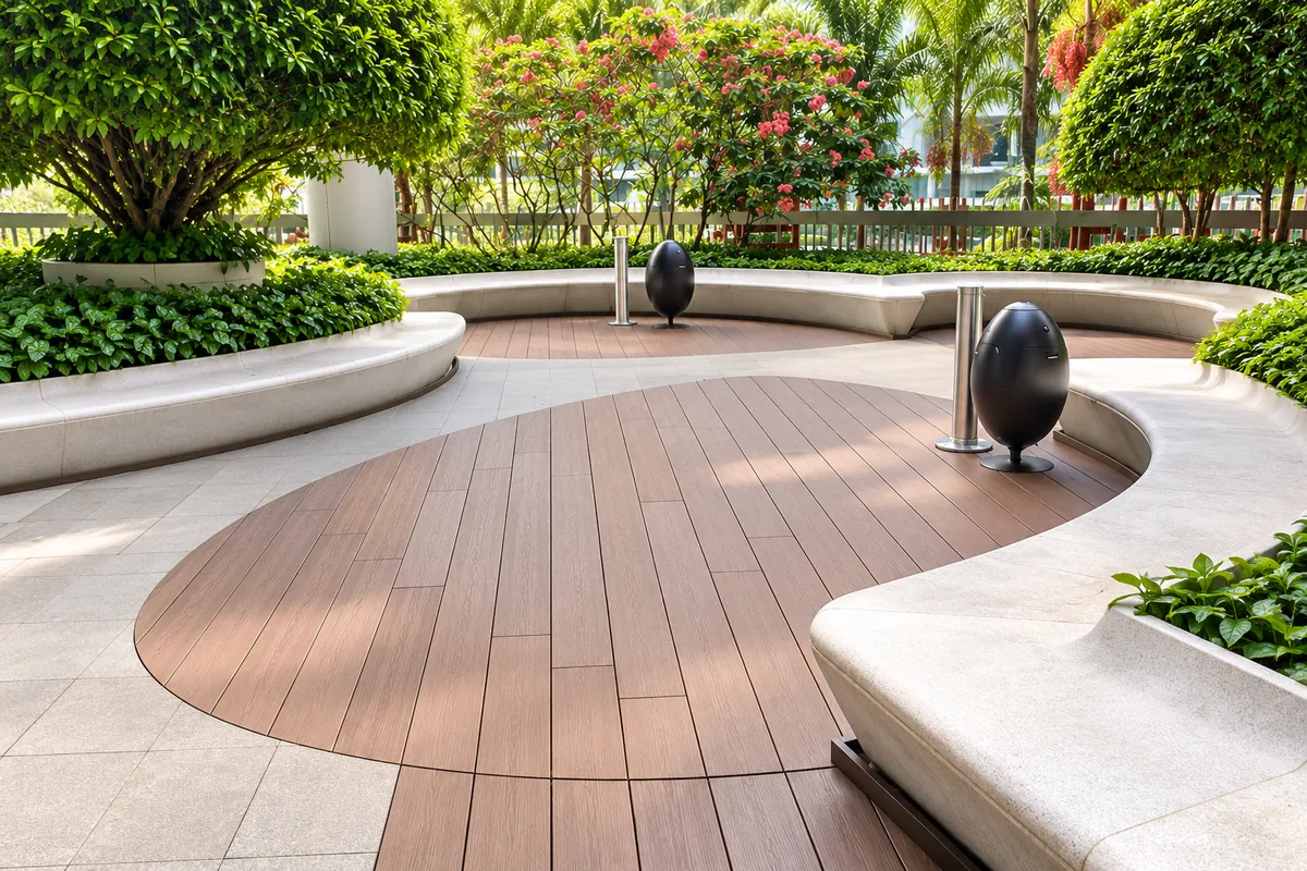 Illustration of curved timber-look outdoor decking surrounded by tropical landscaping and garden seating